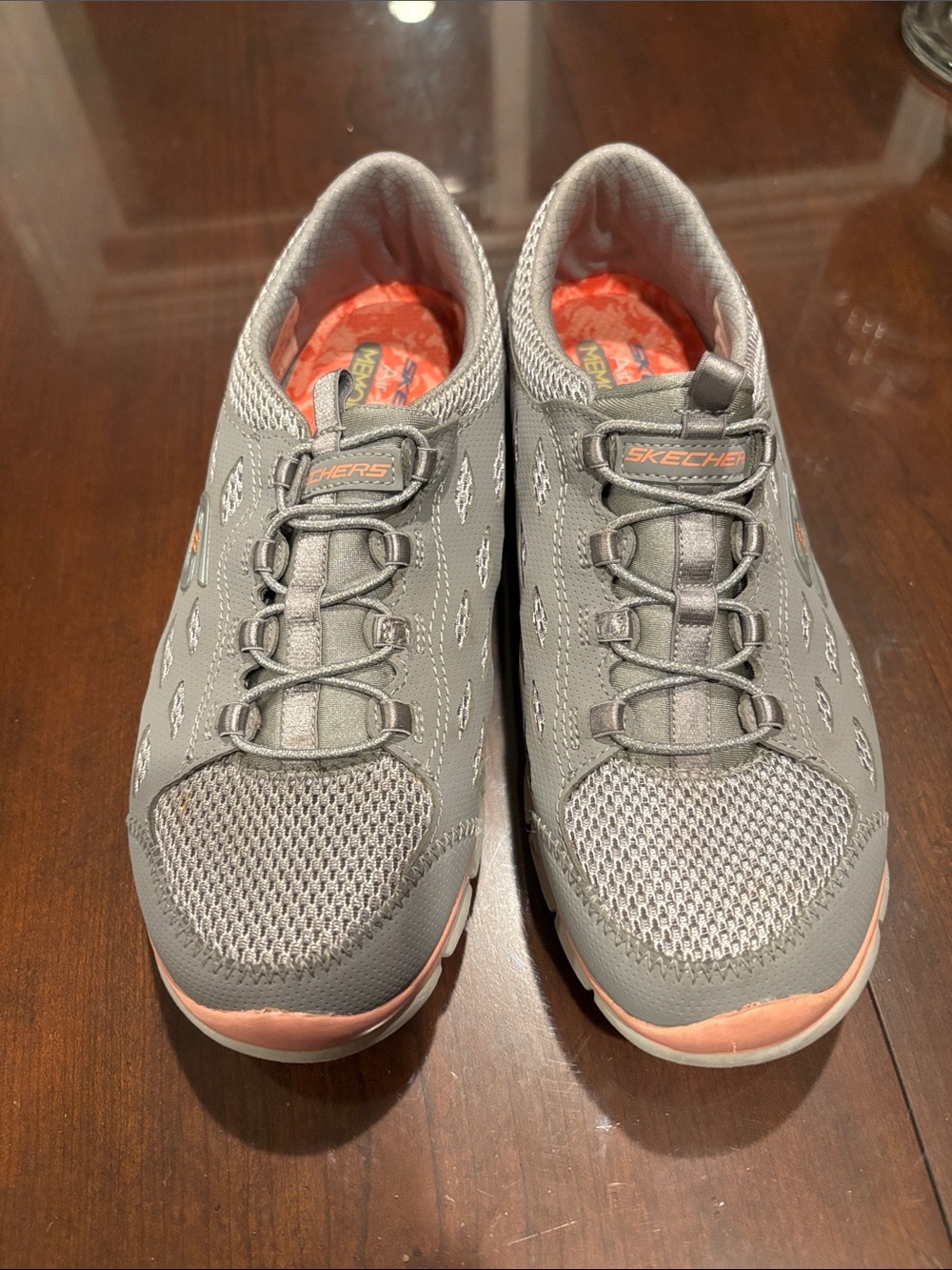 Skechers Gray and Coral Slip-On Walking Sneakers for Women - Picture 3 of 6